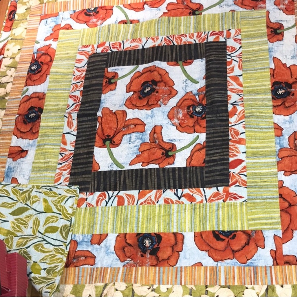 Artisan poppy quilt reversible handmade 62x66 Signed poppies dogwood FINAL SALE